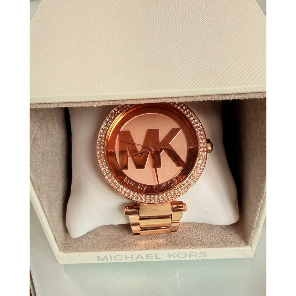 Michael Kors Parker MK5865 Rose Gold Tone Glitz Logo Watch NWOT‎ Box Extra Links